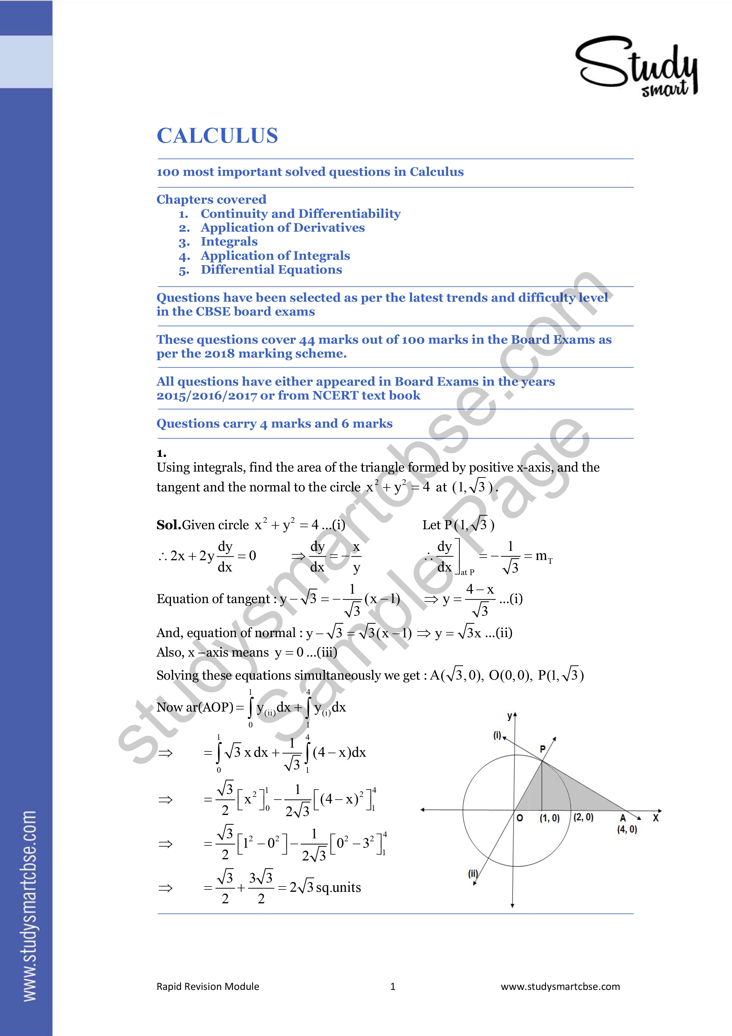CBSE 12th Maths Calculus Most Important Questions With Solutions (2023 - 2024) preview page 1