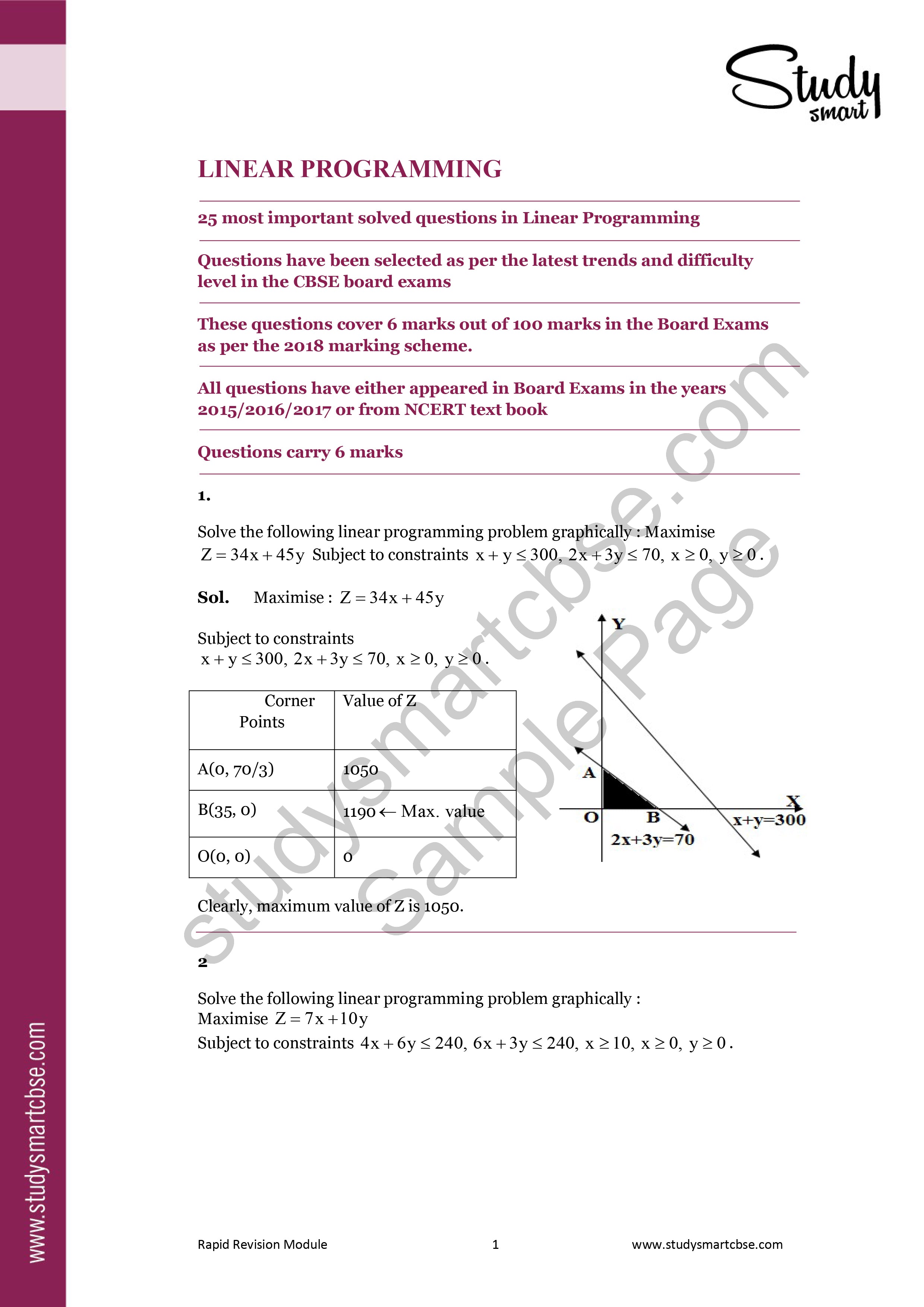 CBSE Class 12th Linear Programming - 25 Most Important Questions with Solutions (2023 - 2024) preview page 2