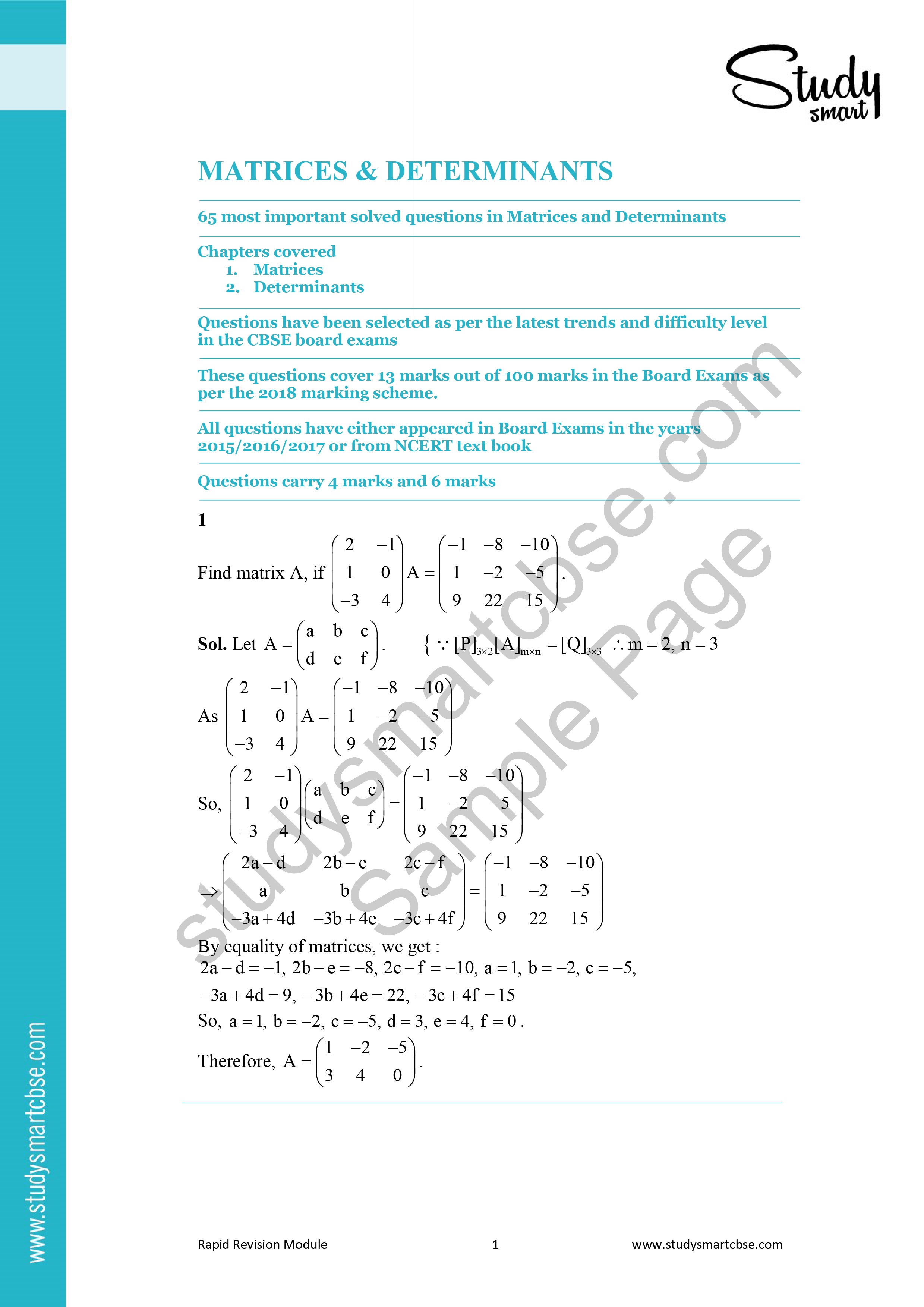 CBSE Class 12th Maths Matrices and Determinants - 65 Most Important Questions with Solutions (2023 - 2024) preview page 2